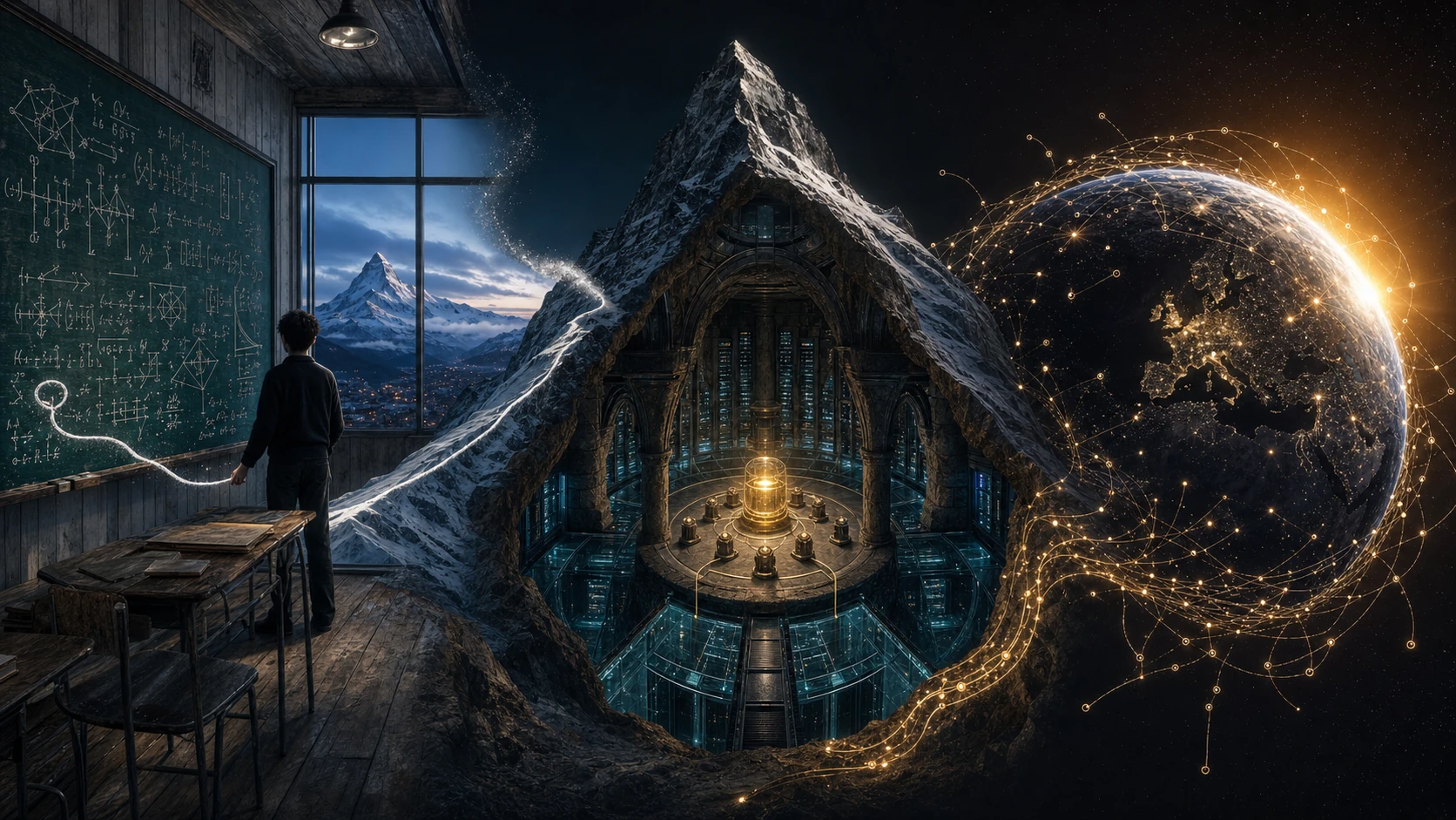 A mathematical classroom, the Zermatt vault, and a luminous global network joined into one architecture