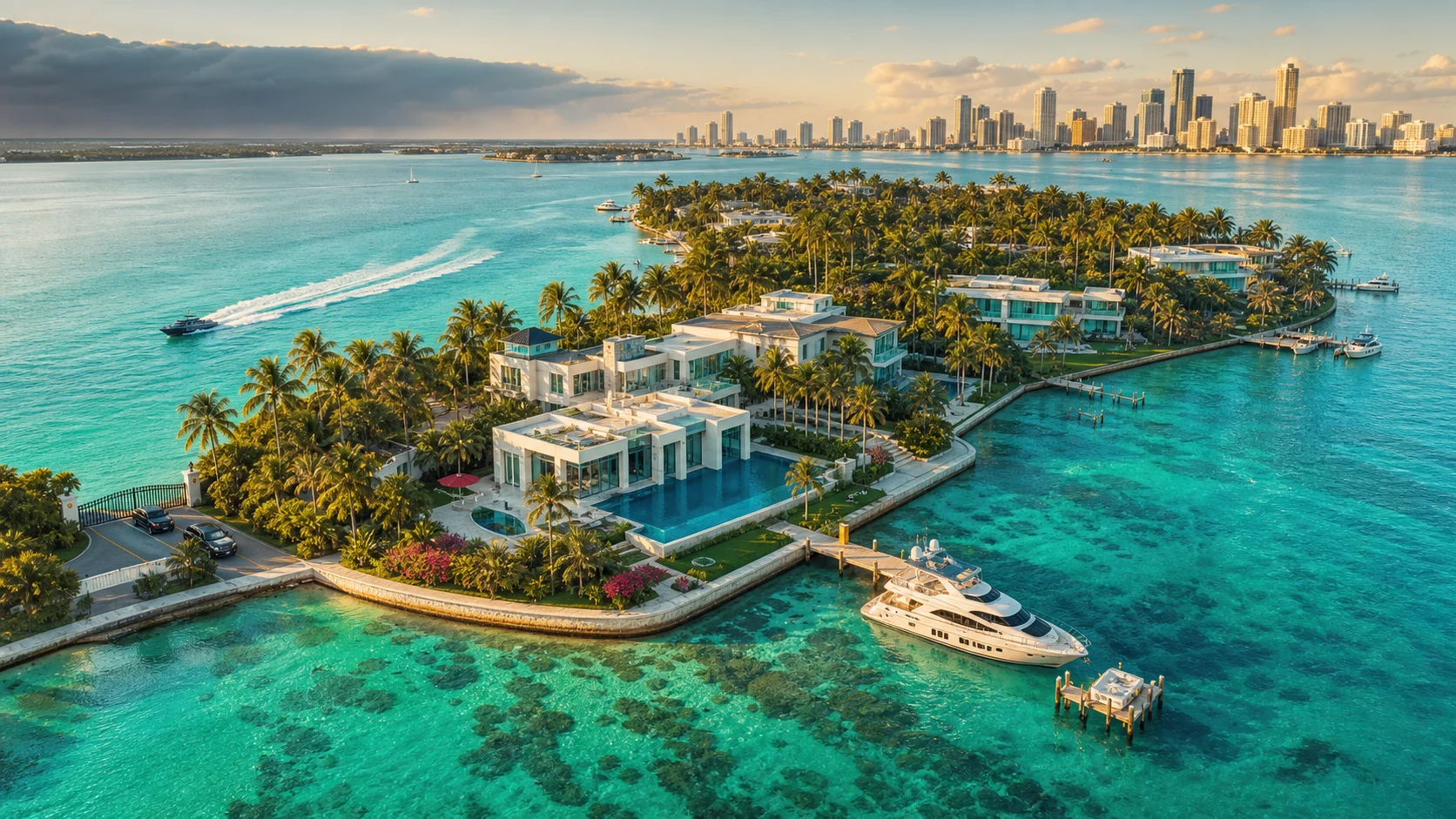 Paradise Island off Miami Beach, surrounded by turquoise water and the distant skyline