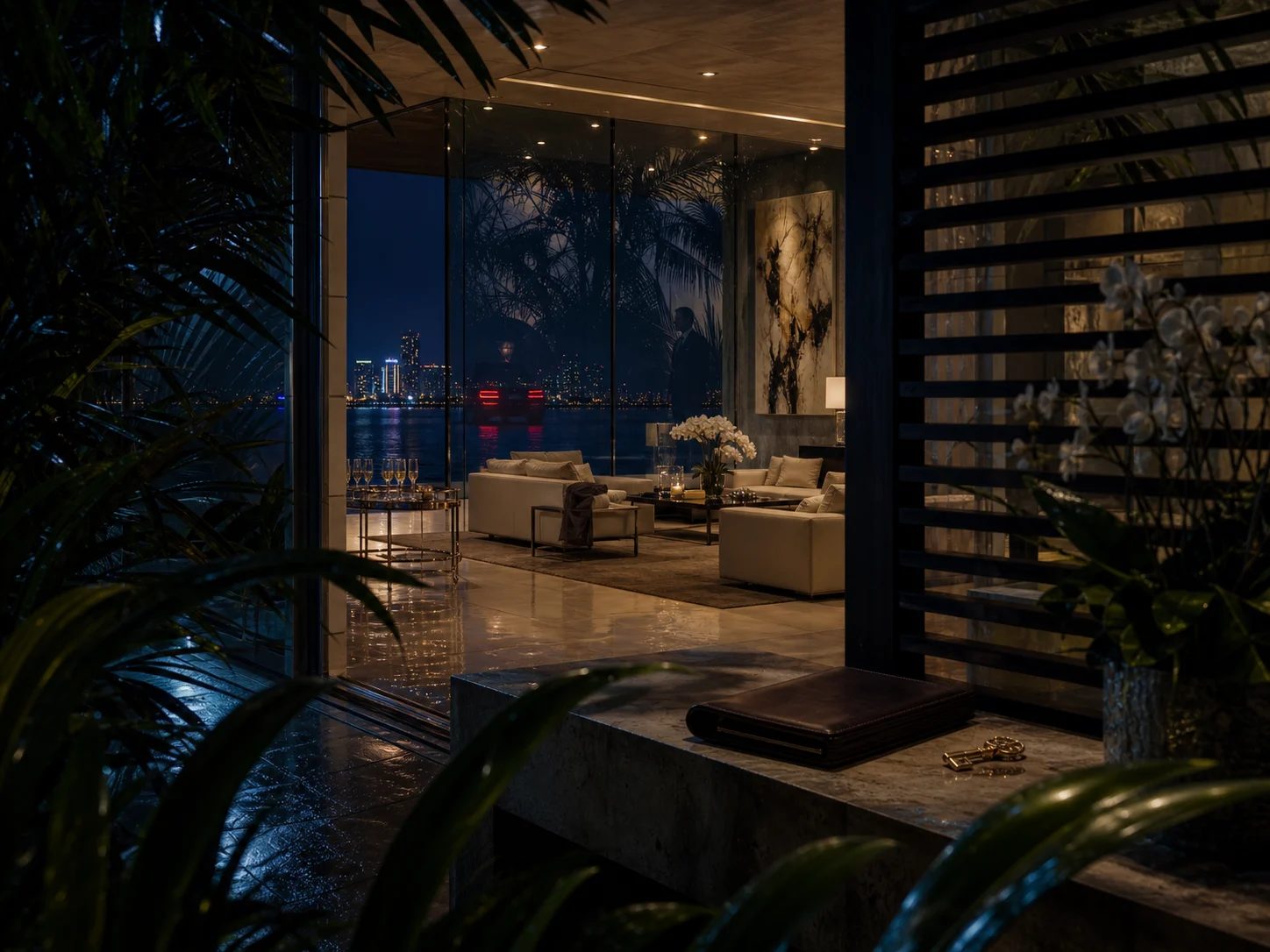 A glass-walled mansion on Paradise Island after dark