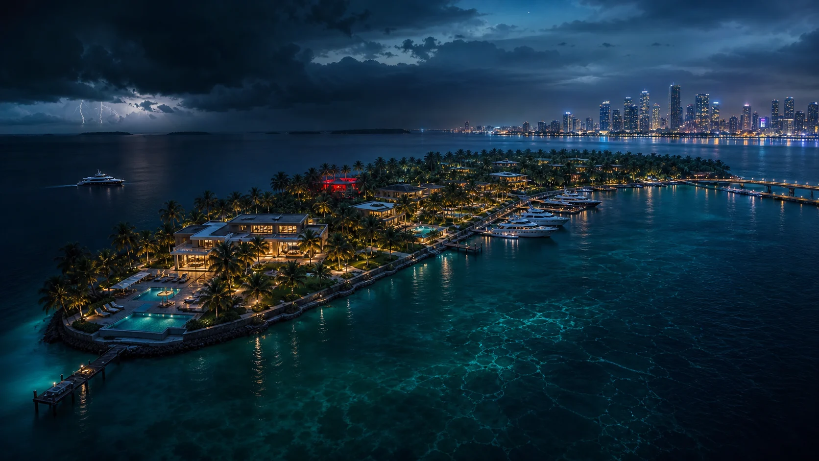 Paradise Island at night as lightning gathers over Miami