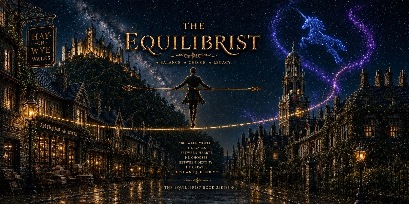 The Equilibrist walking a golden tightrope between Hay-on-Wye and Harvard beneath a celestial unicorn