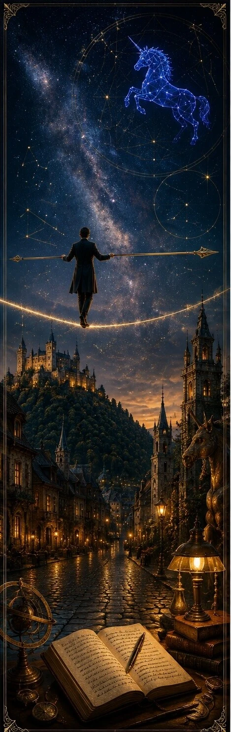 A poetic vision of the Equilibrist balancing above an open book, with a unicorn and a luminous town beyond