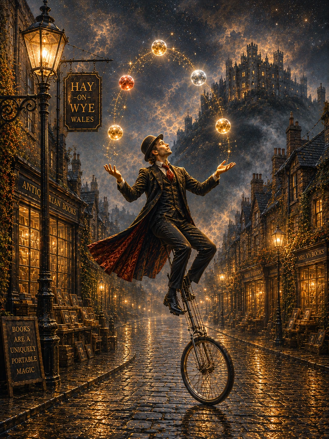 The Street Juggler balancing on a unicycle beneath a ring of glowing spheres