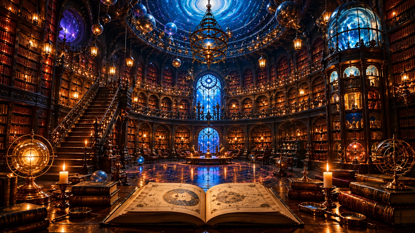 A vast domed library at night, galleries of books rising toward a starlit ceiling, an open atlas on the table