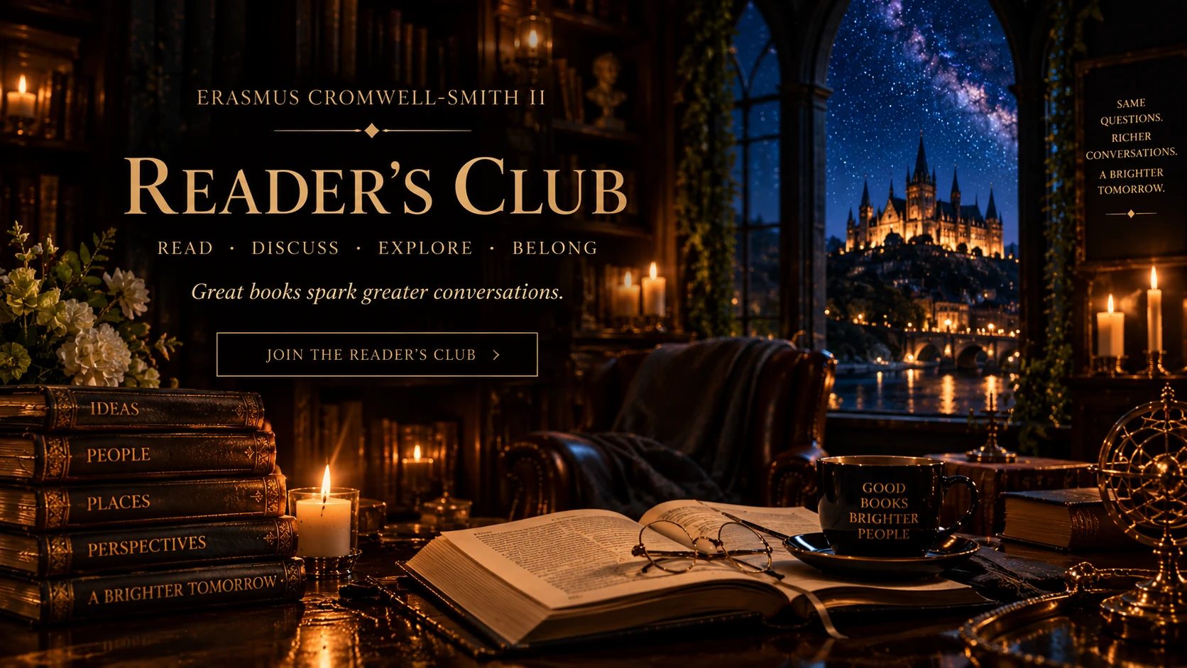 Erasmus’ Reader’s Club — a candlelit library table, an open book and a lit castle beyond the window
