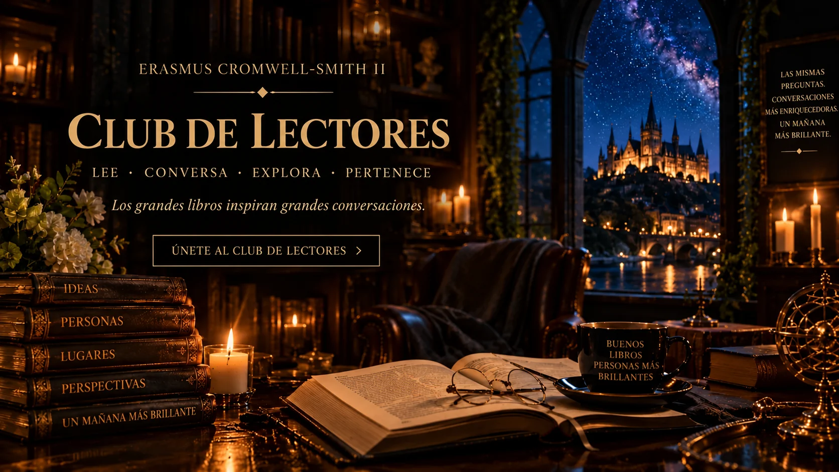 Club de Lectores de Erasmus: una mesa de biblioteca a la luz de las velas, un libro abierto y un castillo iluminado al otro lado de la ventana