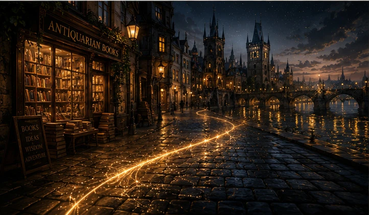 A golden thread winds past an antiquarian bookshop along a rain-lit old city street