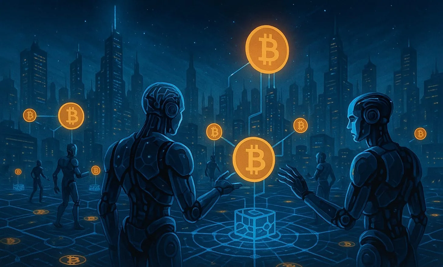 A person and person looking at bitcoin symbols
