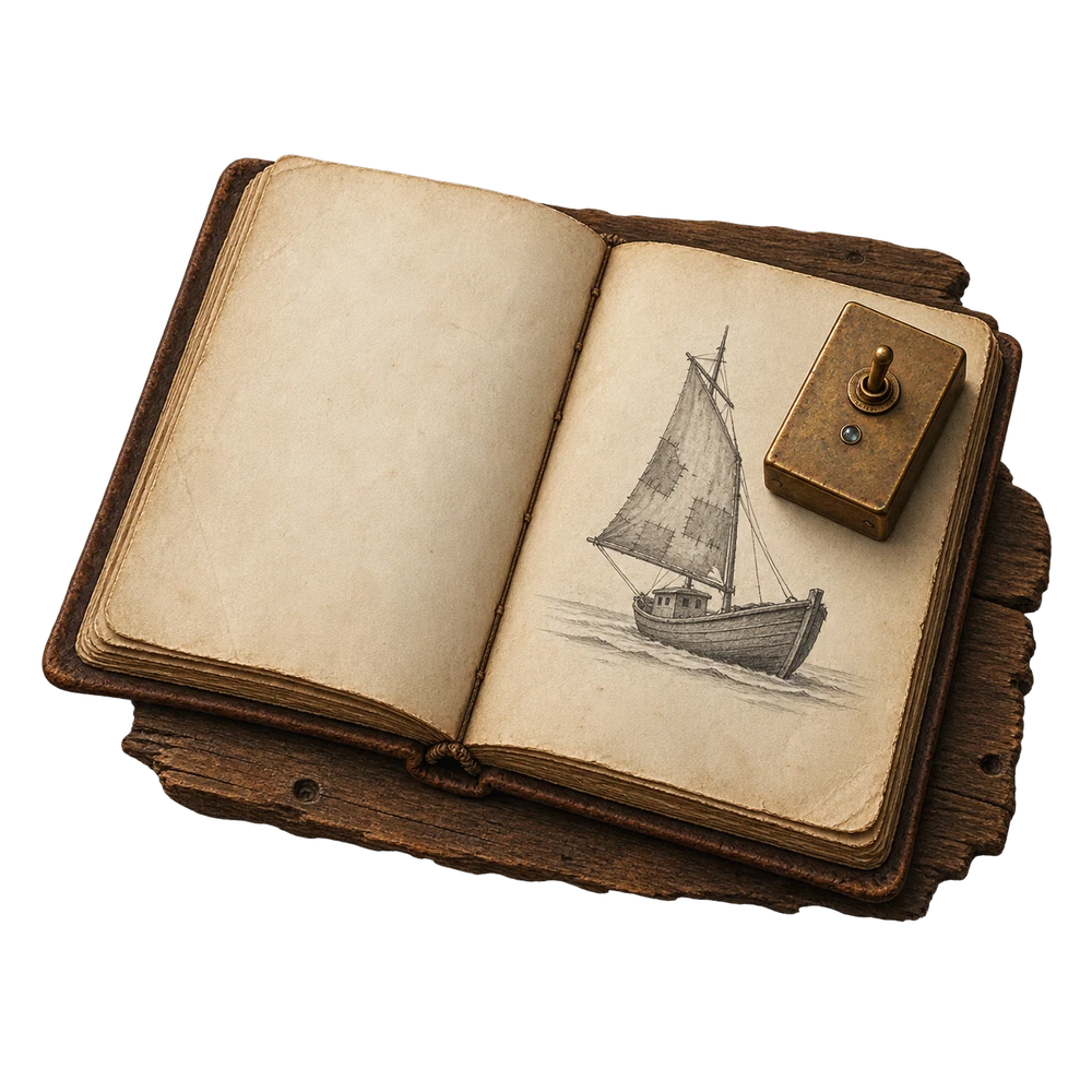 An open logbook on a dark table: a pencil sketch of a small fishing boat, and beside it the brass CDA-319 transmitter with its single toggle