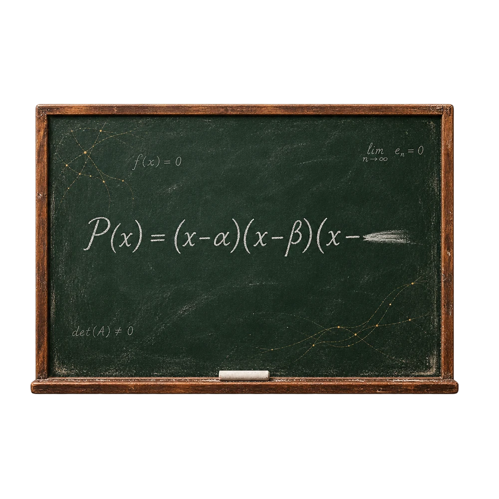 A green chalkboard: a factorisation stopping mid-stroke in a smear of white chalk, one clean stick of chalk on the ledge below