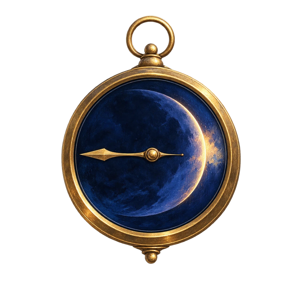 Un compás de bronce con una sola aguja dorada sobre una esfera azul que guarda la media luna de la noche