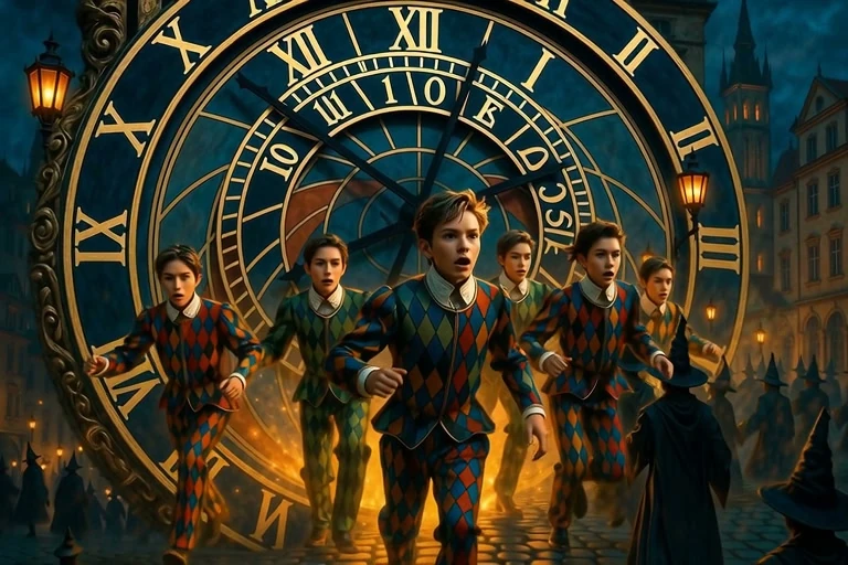Harlequins leaping from the face of the clock