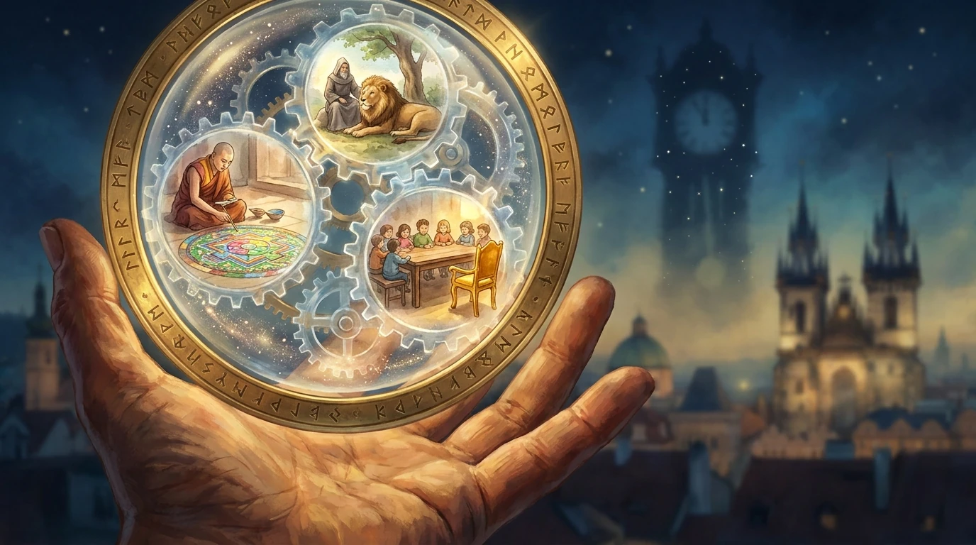 A luminous clockwork medallion holding scenes from the poems and fables