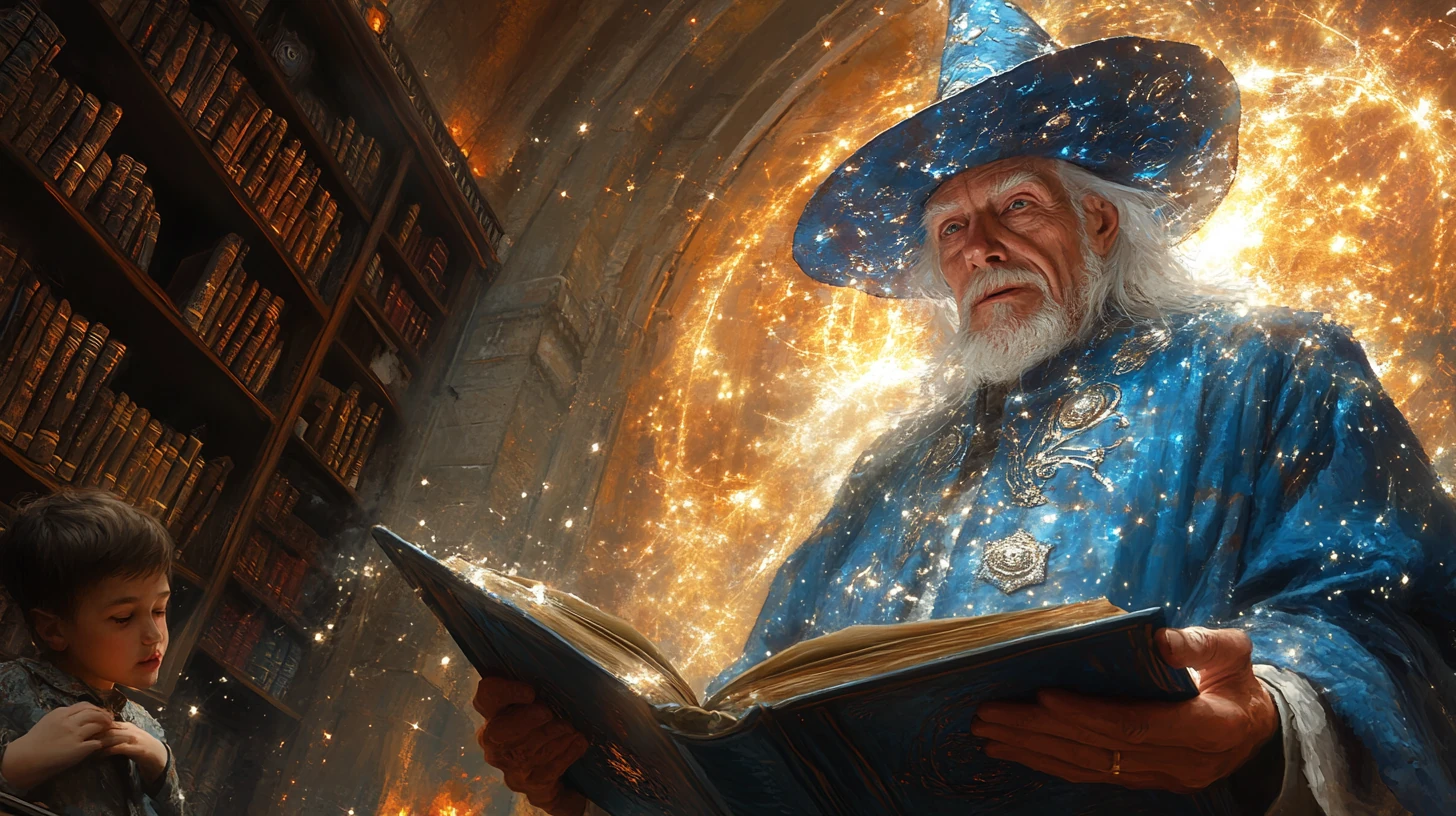 Zbynek Kraus, portal keeper and mentor, reading from a luminous blue book