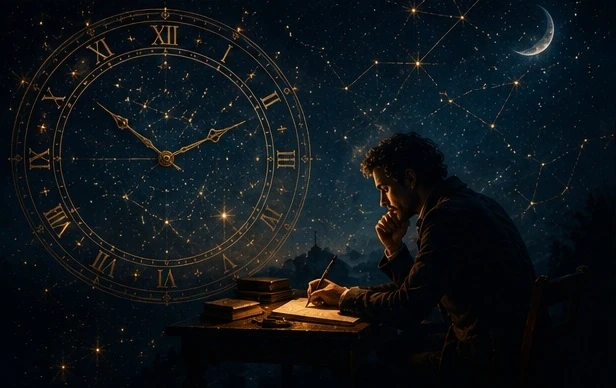A writer at his desk beneath a celestial clock and constellations