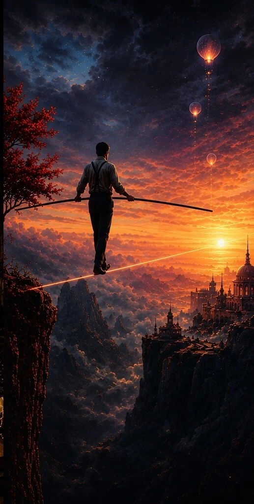 A solitary equilibrist crossing a luminous wire above a mountain city at sunset