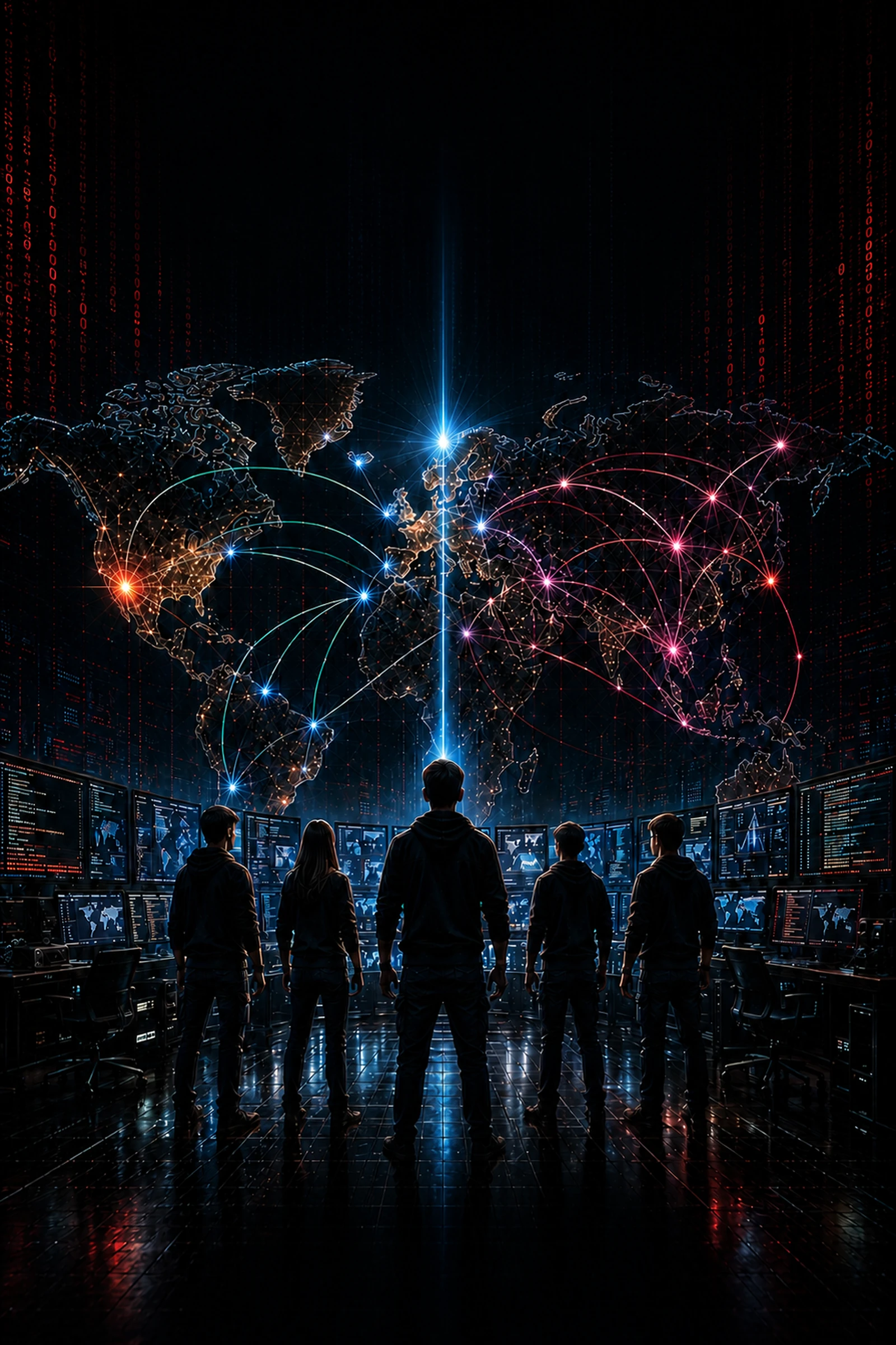 The five Rebel Hackers facing a connected world map