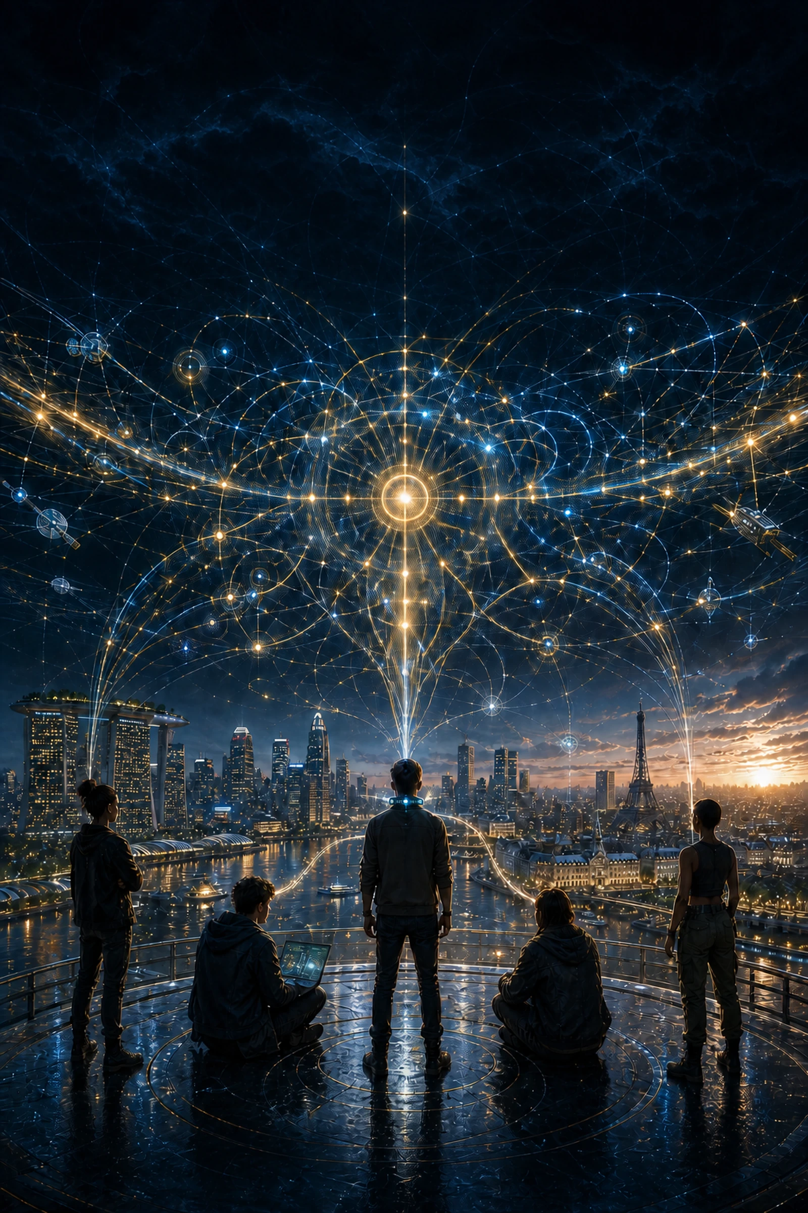 The Rebel Hackers beneath a luminous network spanning five cities