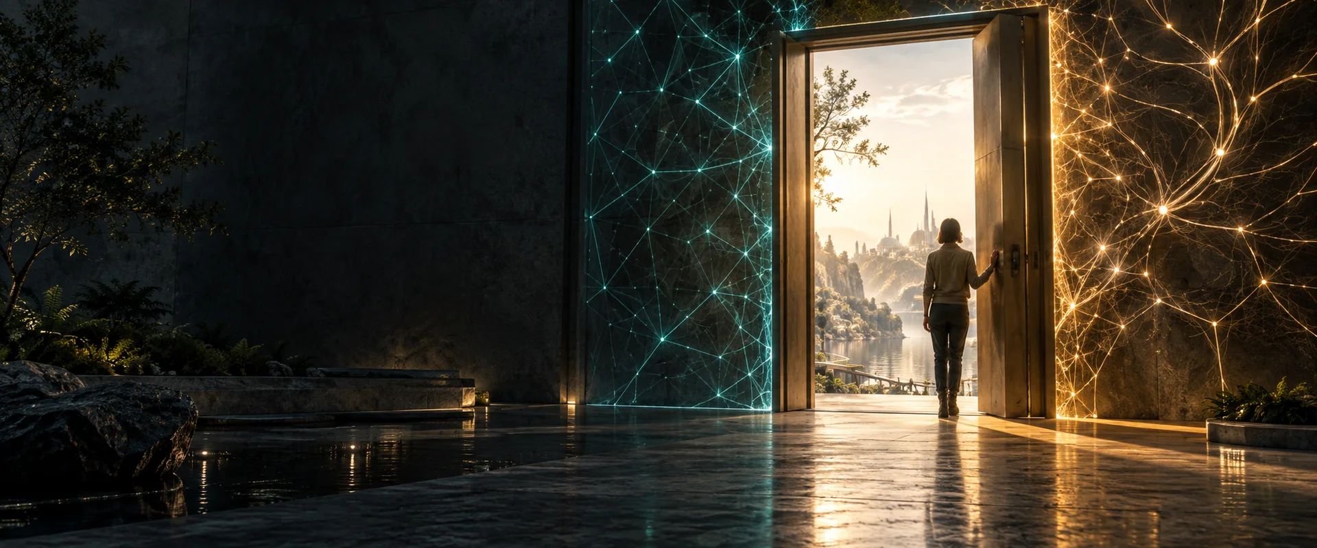 A lit doorway between two walls of light - one teal, one gold - opening onto a valley at first light