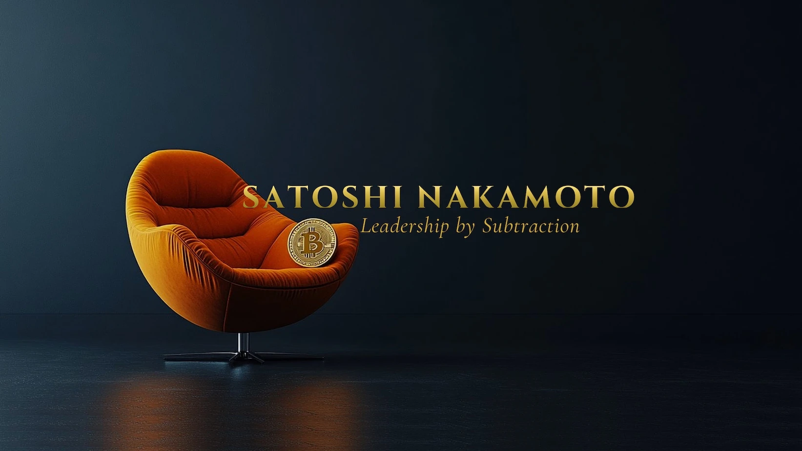 An empty orange chair beside a glowing Bitcoin coin in a deep blue room