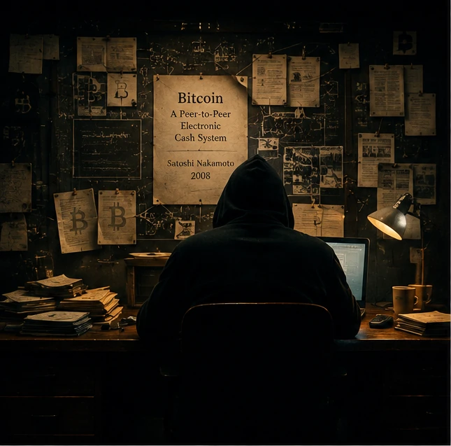 An anonymous researcher studying the Bitcoin white paper at a wall of source material