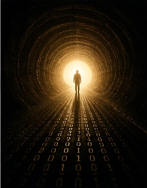 A solitary figure walking through a tunnel of binary light